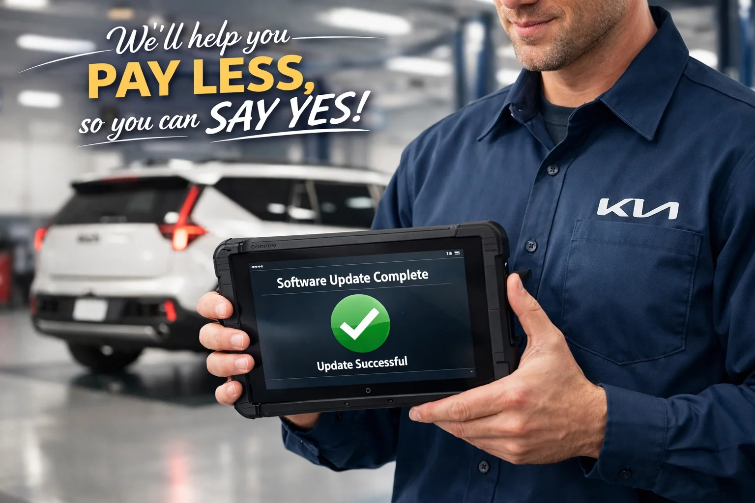 Expert Roseville Kia technician performing a quick transmission software update using a diagnostic tool.