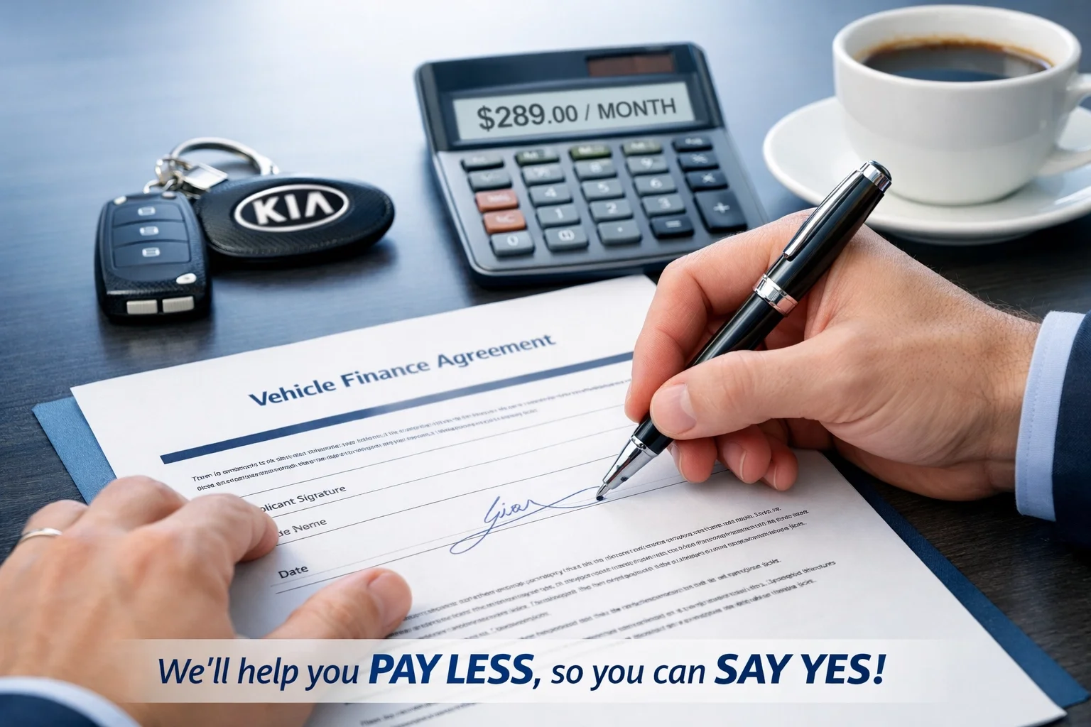 Signing no money down auto loan paperwork at Roseville Kia dealership