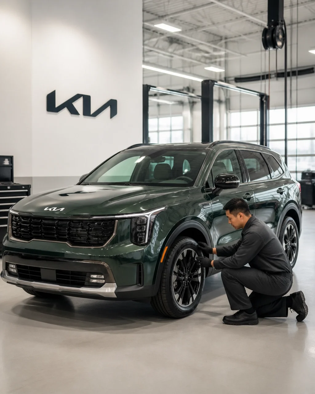 A certified technician inspecting a Kia SUV in a dealership service center
