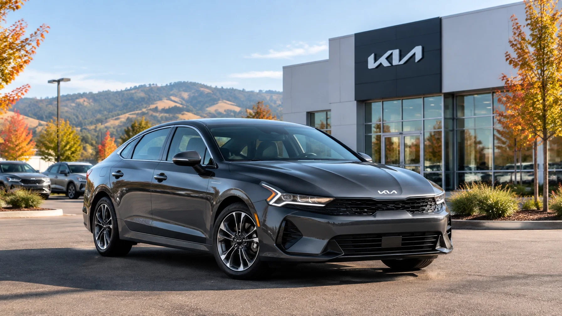 A real-world Kia sedan parked outside a Northern California dealership on a clear autumn morning