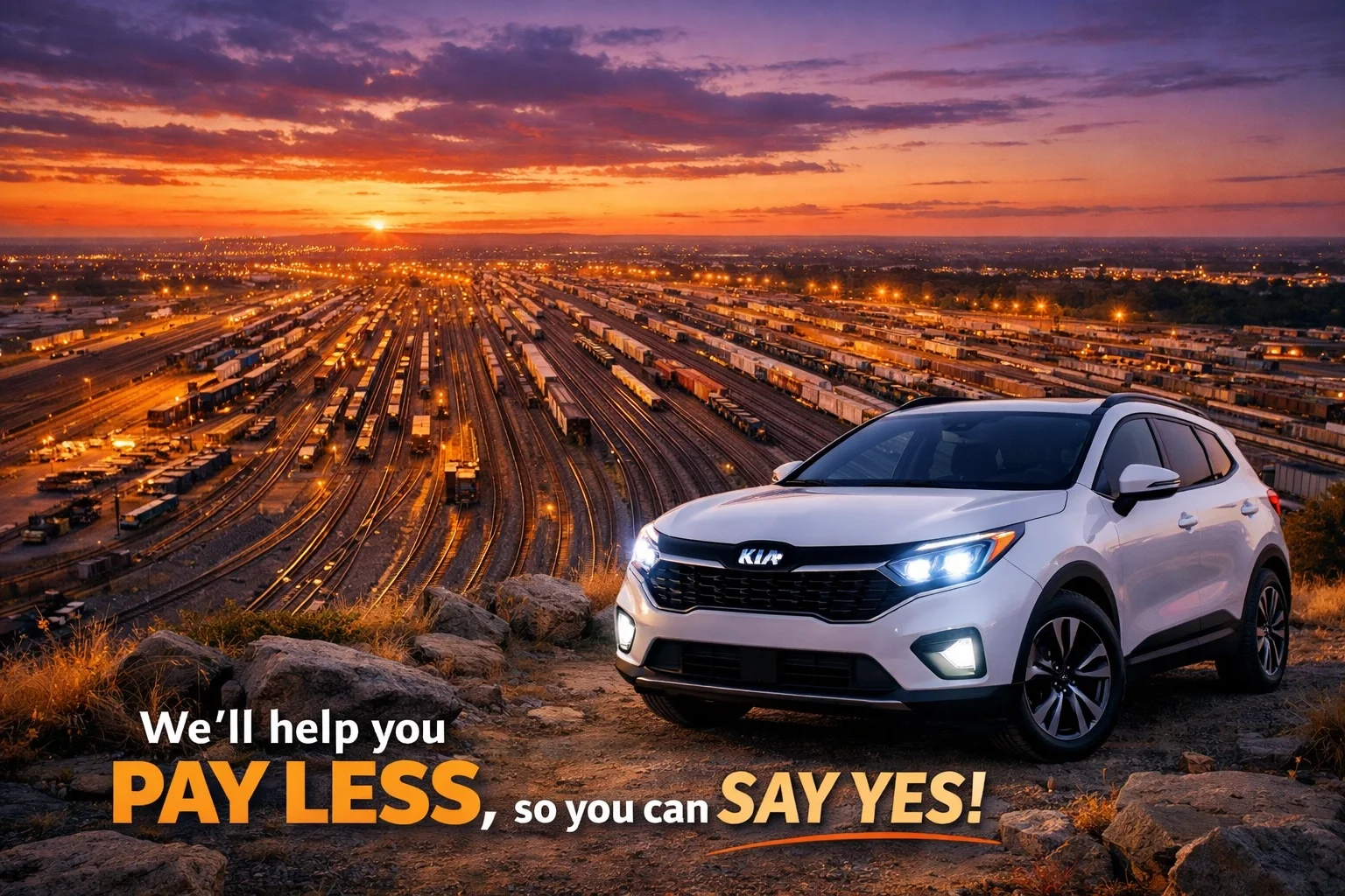 A white Kia Sportage overlooking the massive Union Pacific J.R. Davis Rail Yard in Roseville at sunset.