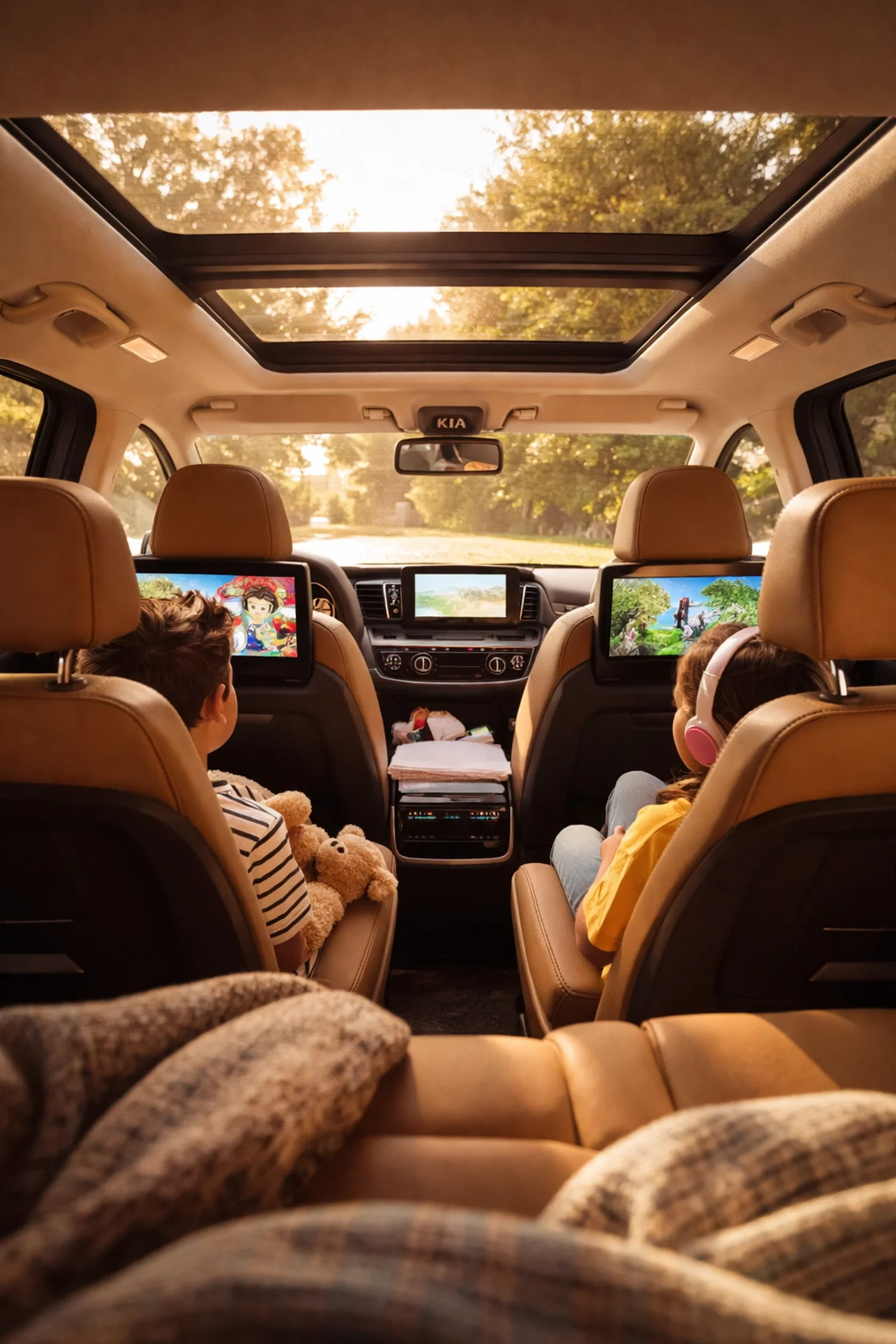 Inside Kia Carnival, two kids enjoy rear entertainment system and sunroofs, highlighting cabin space and features.