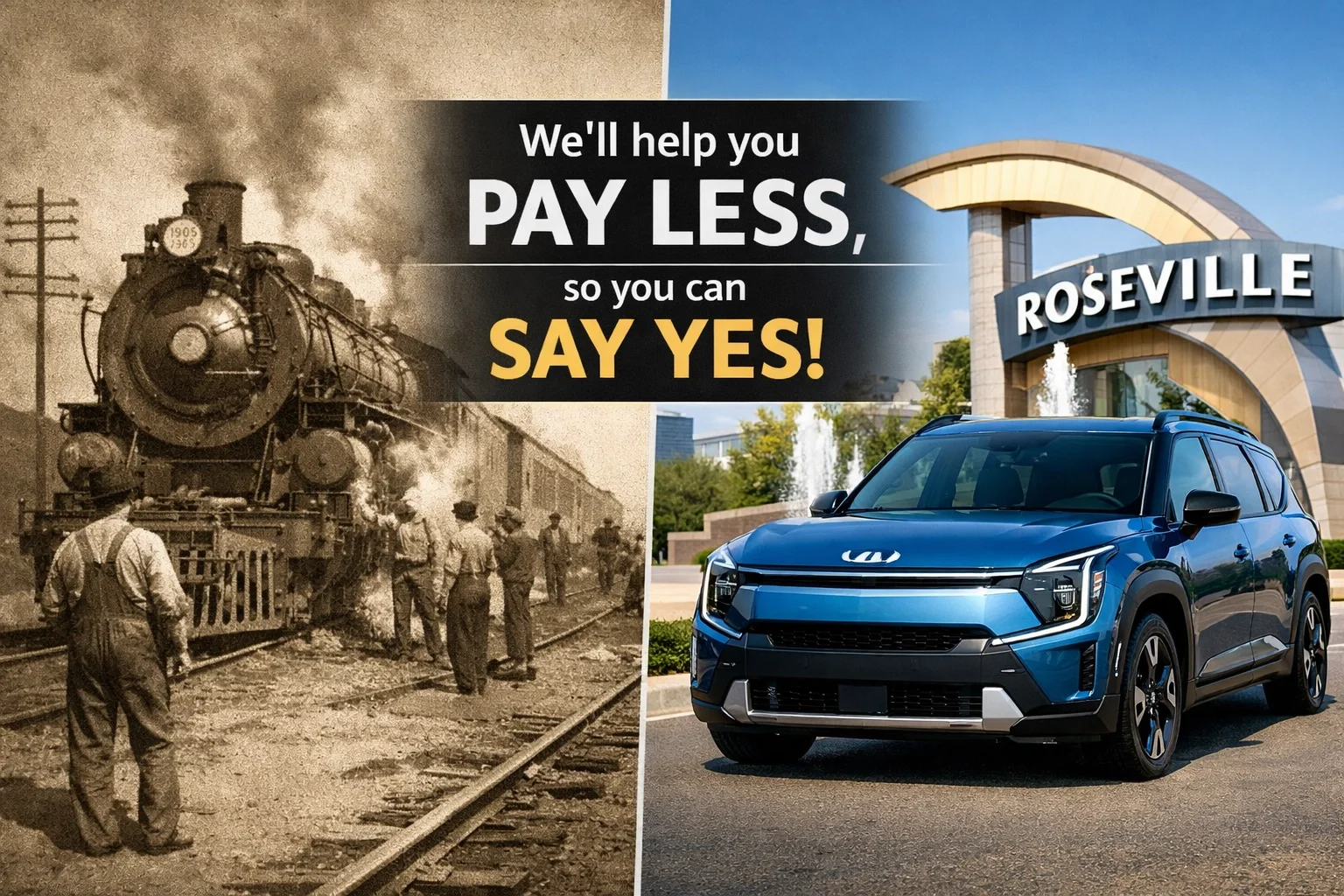 Split view of a 1906 steam locomotive at Roseville Junction and a modern Kia EV9 at Roseville Kia.