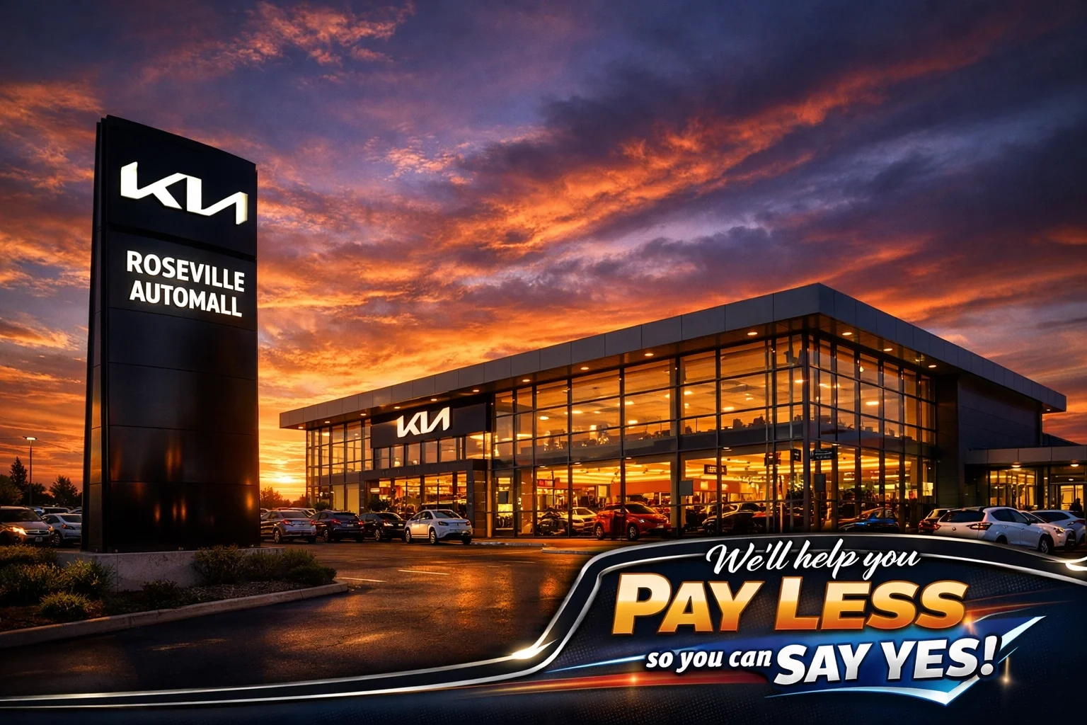 Exterior view of the Roseville Kia dealership at sunset featuring the new Kia logo and modern architecture.