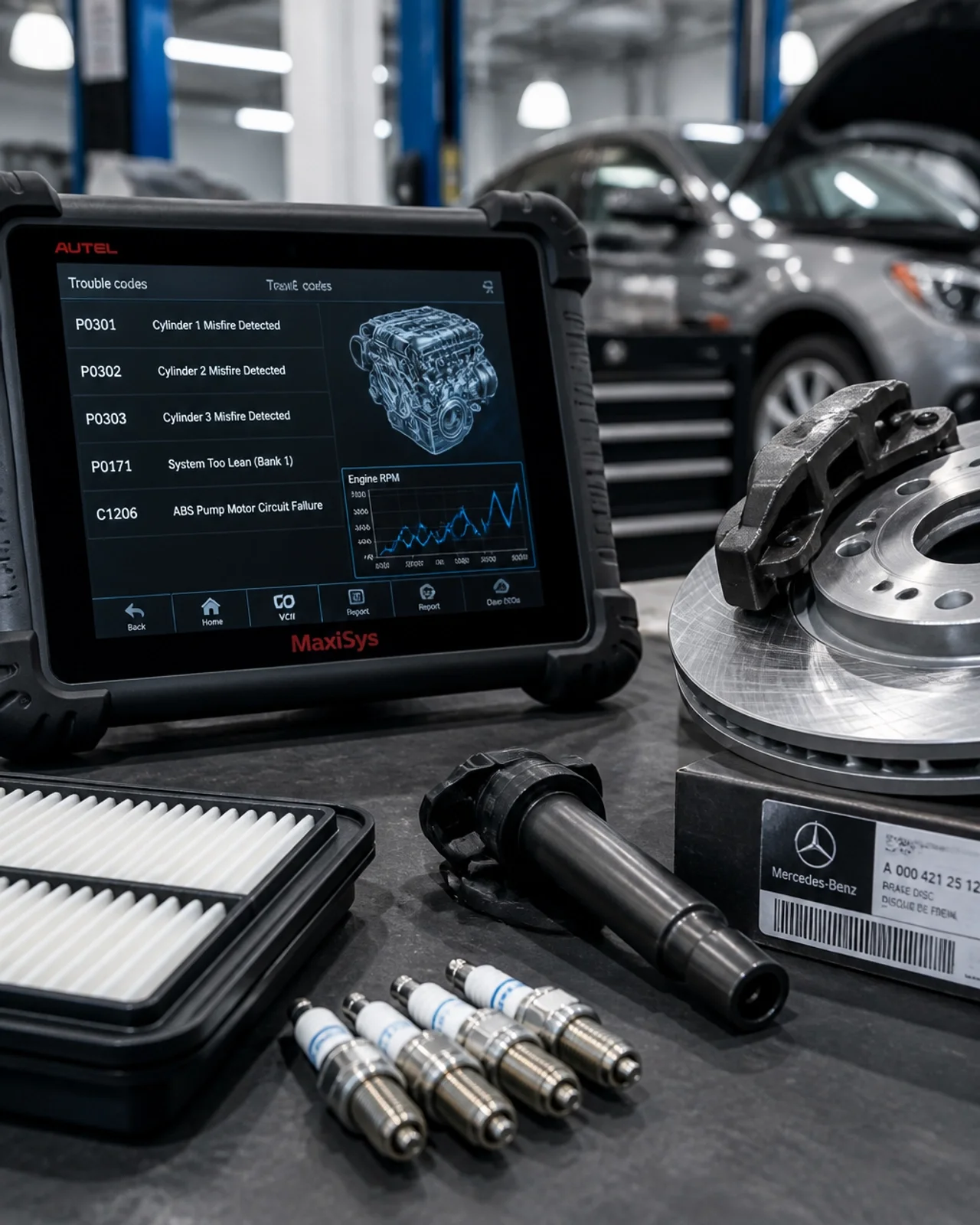 Genuine Kia parts and advanced diagnostic tools on a workbench