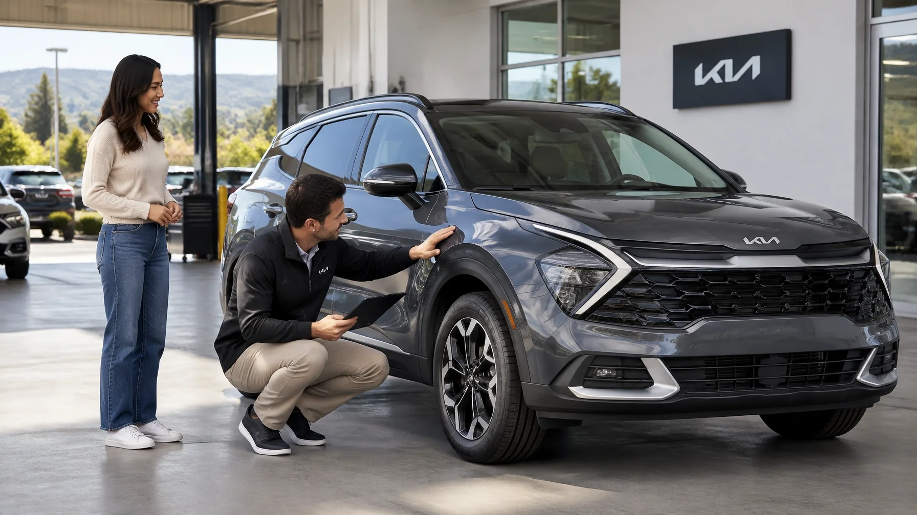 A certified appraiser inspecting a real-world Kia SUV at a clean dealership appraisal area