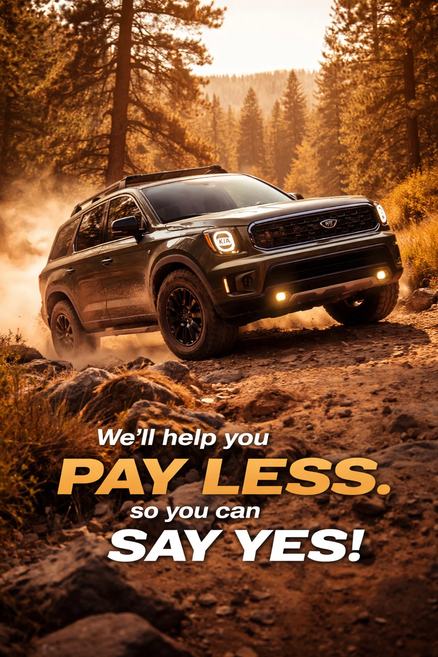 Kia Telluride X-Pro conquering a Sierra Nevada dirt trail, highlighting off-road capability near Sacramento and Northern California