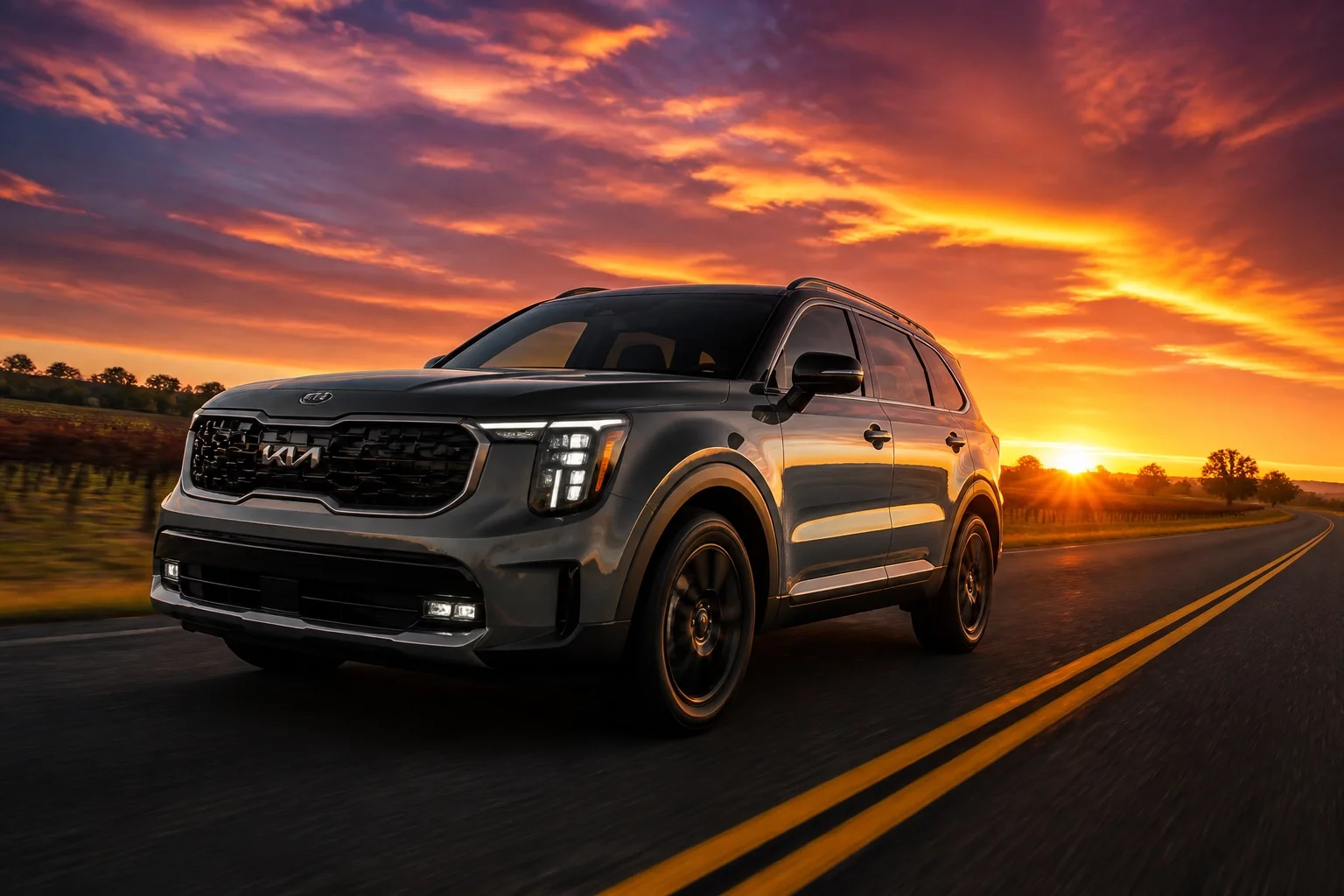 A new 2026 Kia Sorento driving in Sacramento at sunset before the summer sales event deadline.
