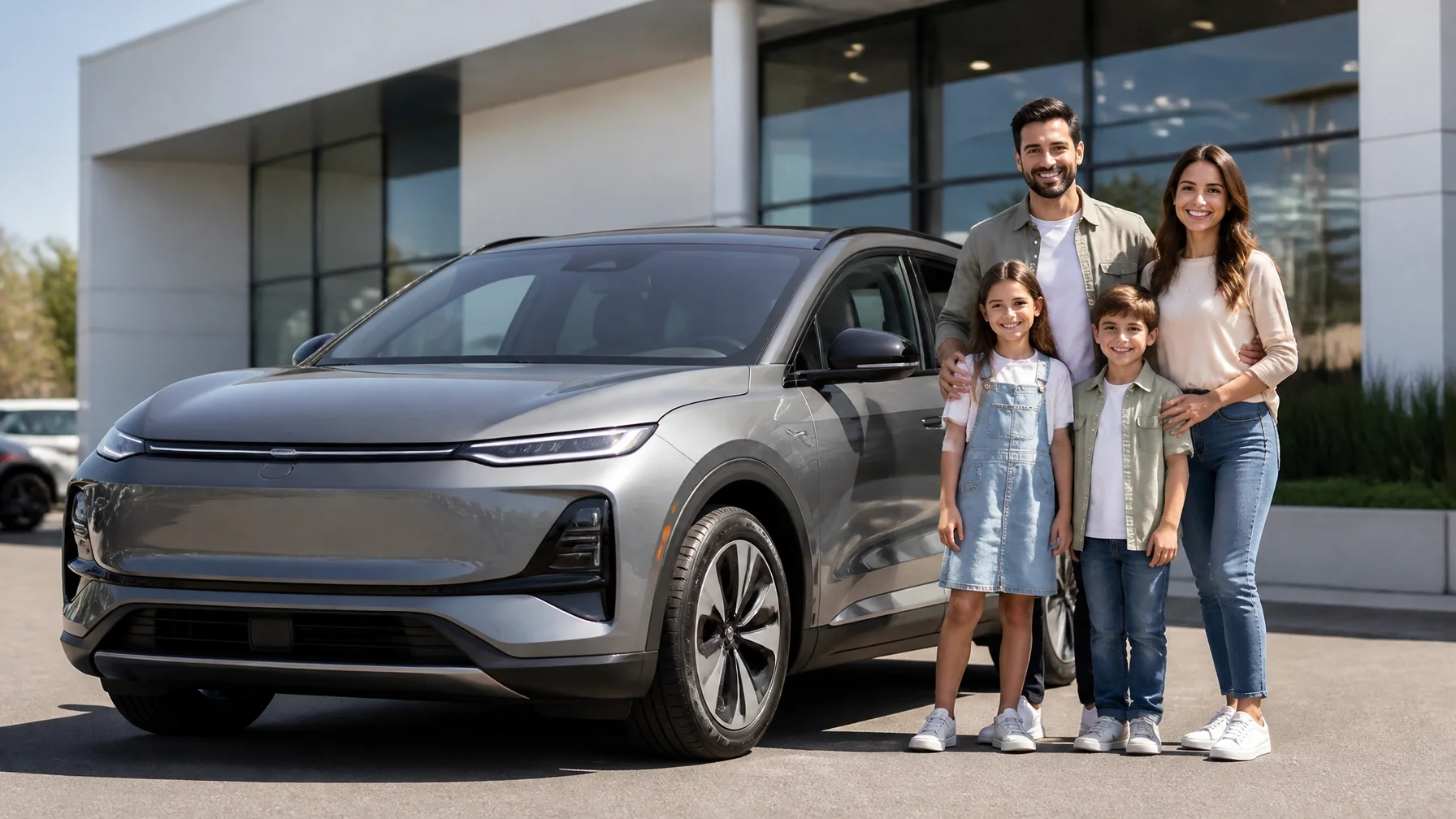 A happy family smiling next to a sleek new electric SUV in front of a modern dealership showroom