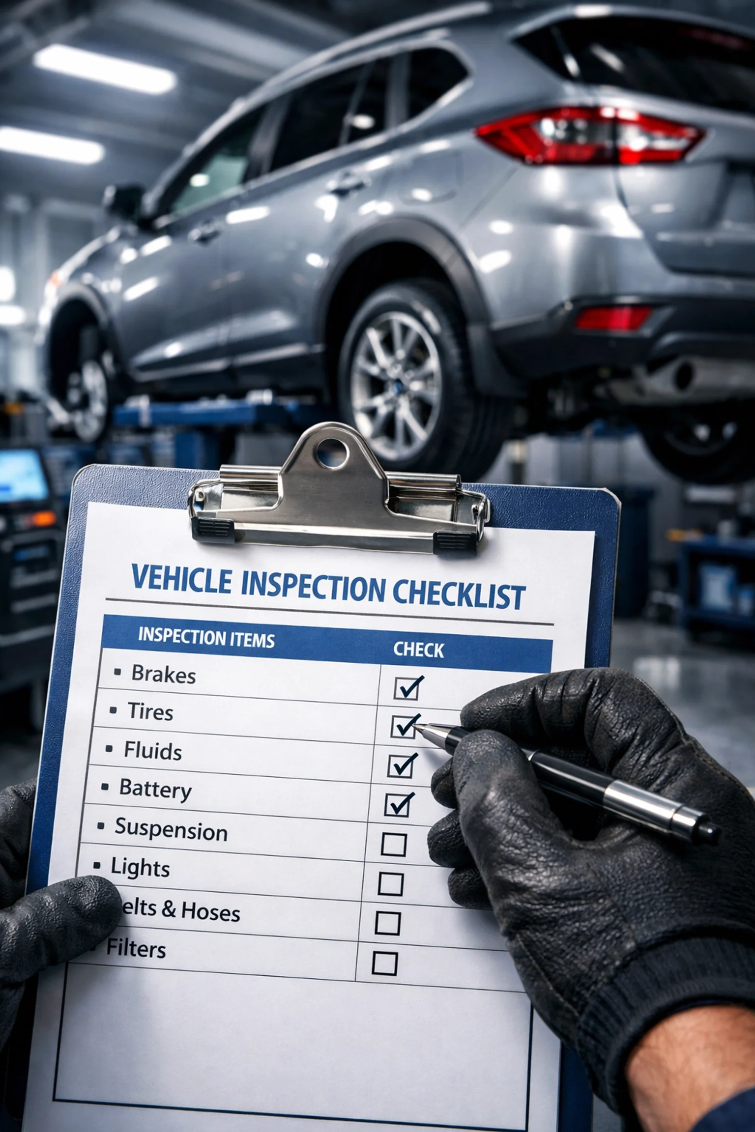 Mechanic performing thorough multi-point inspection on used vehicle
