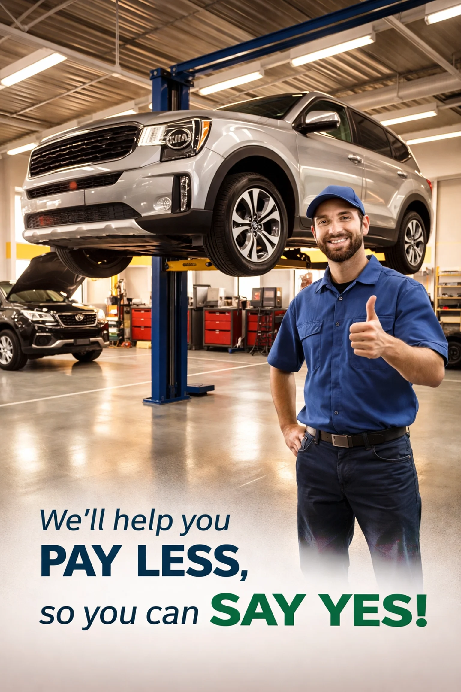 Roseville Kia service bay with technician servicing a Kia Telluride for same day maintenance