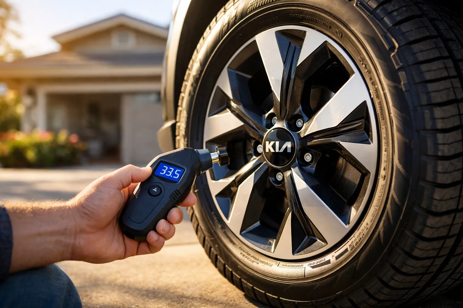 Checking tire pressure on Kia SUV before winter mountain driving to Tahoe