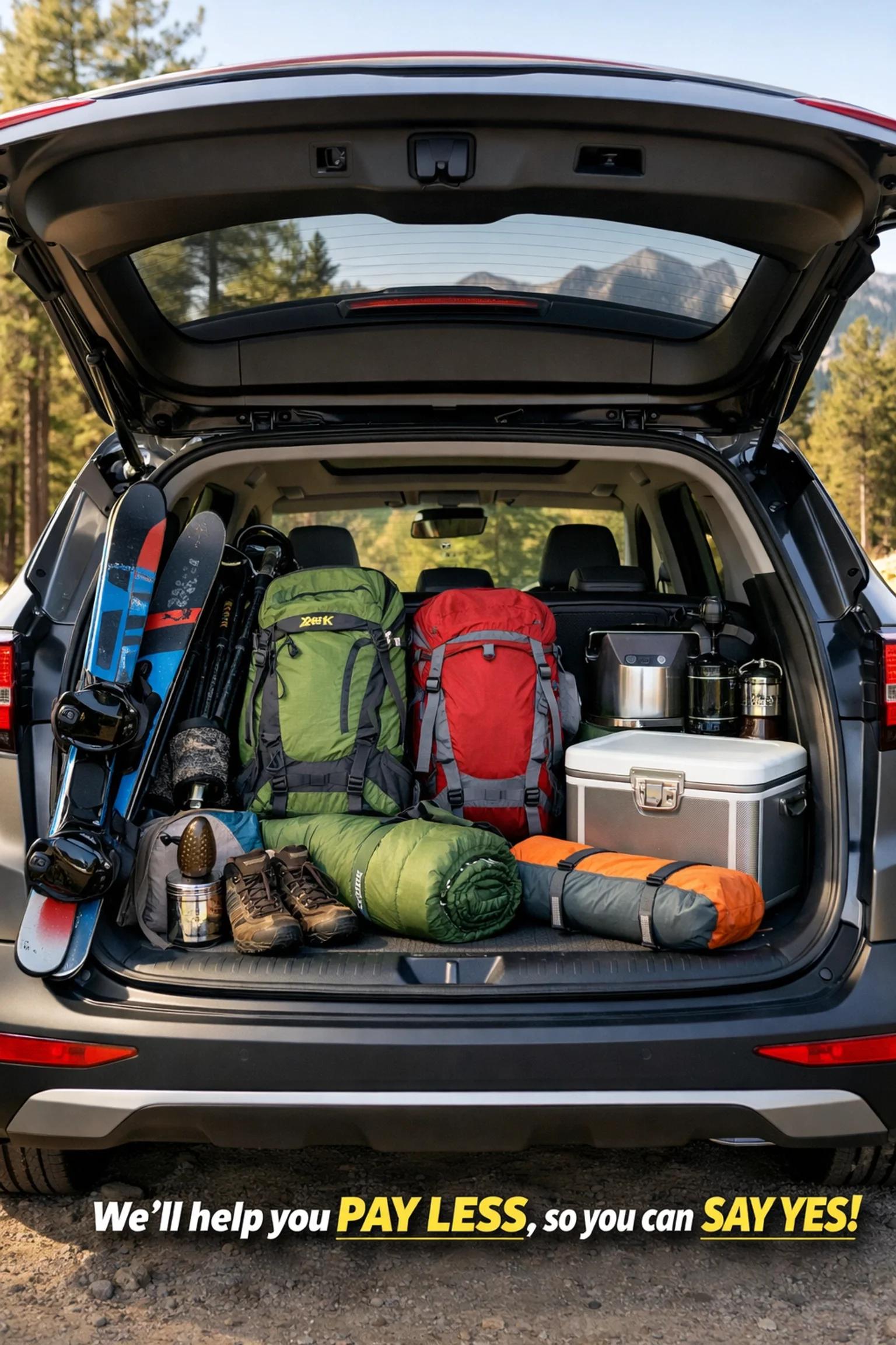 2026 Kia Sportage cargo area loaded with camping and ski gear for weekend trips