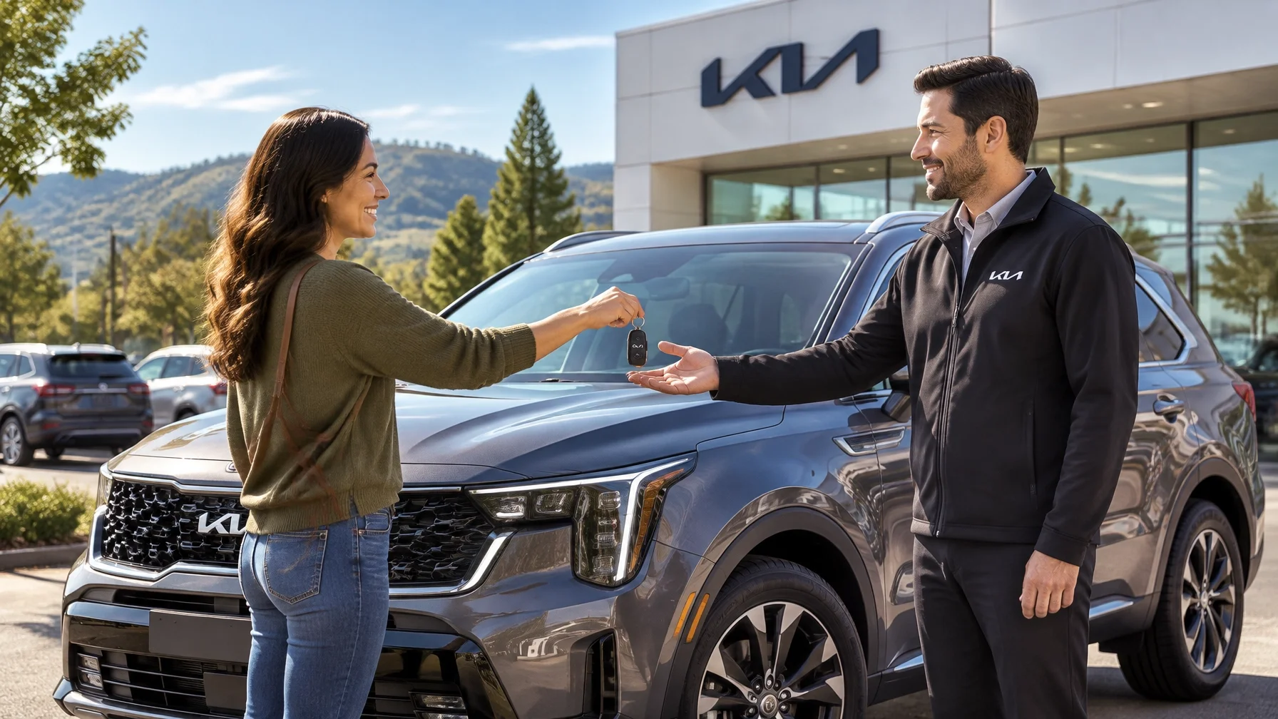 A customer handing car keys to a dealership representative beside a real-world Kia SUV