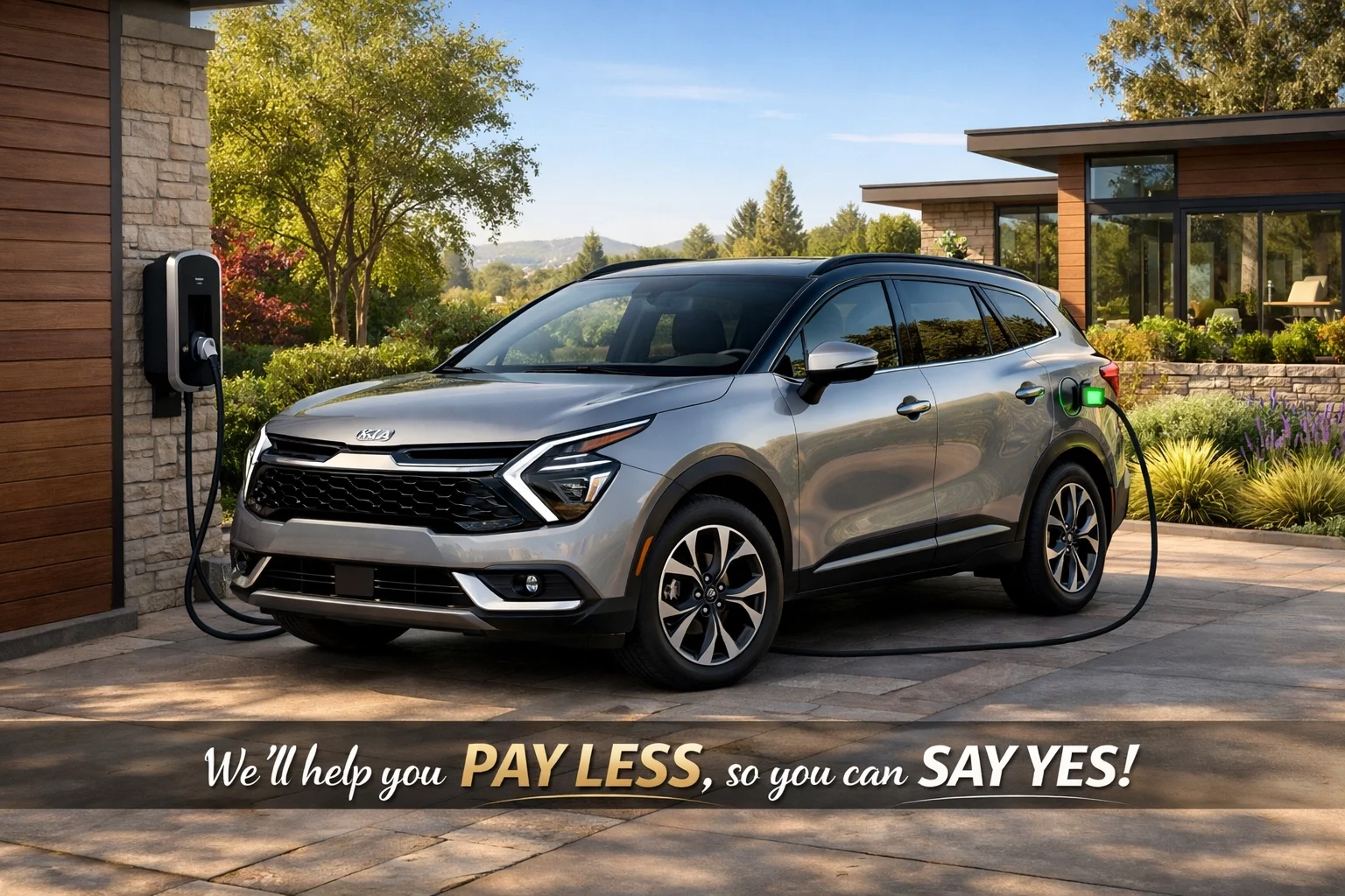 2026 Kia Sportage Plug-In Hybrid charging in a Folsom driveway, saving fuel for Northern California drivers.