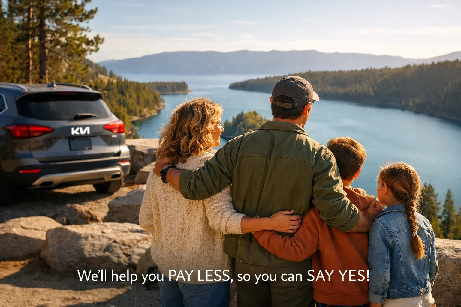 Family enjoying the view at Emerald Bay Lake Tahoe with their reliable Kia SUV.