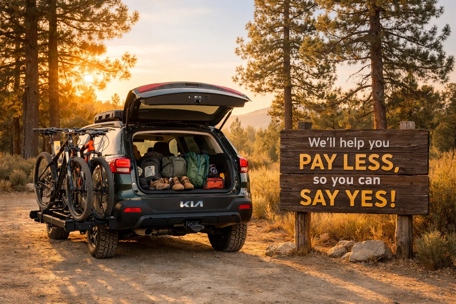 Rugged Kia Sportage with mountain bikes at a sun-soaked Northern California forest trailhead.