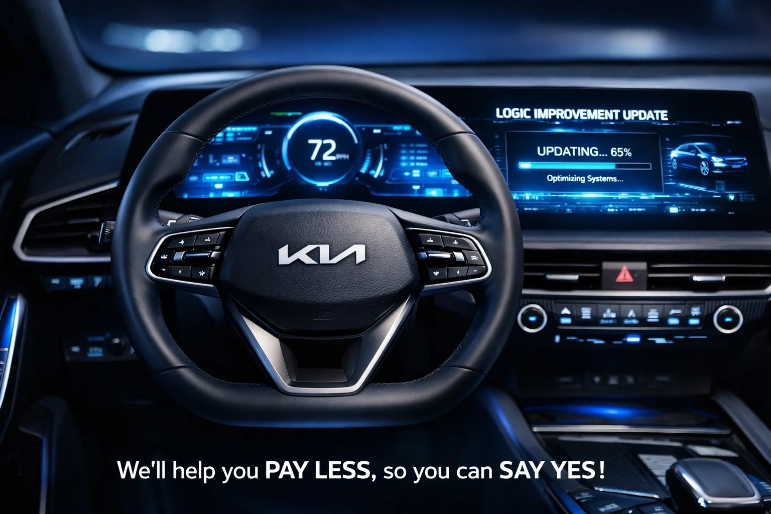 Modern Kia dashboard displaying a software logic improvement update for better transmission shifting.