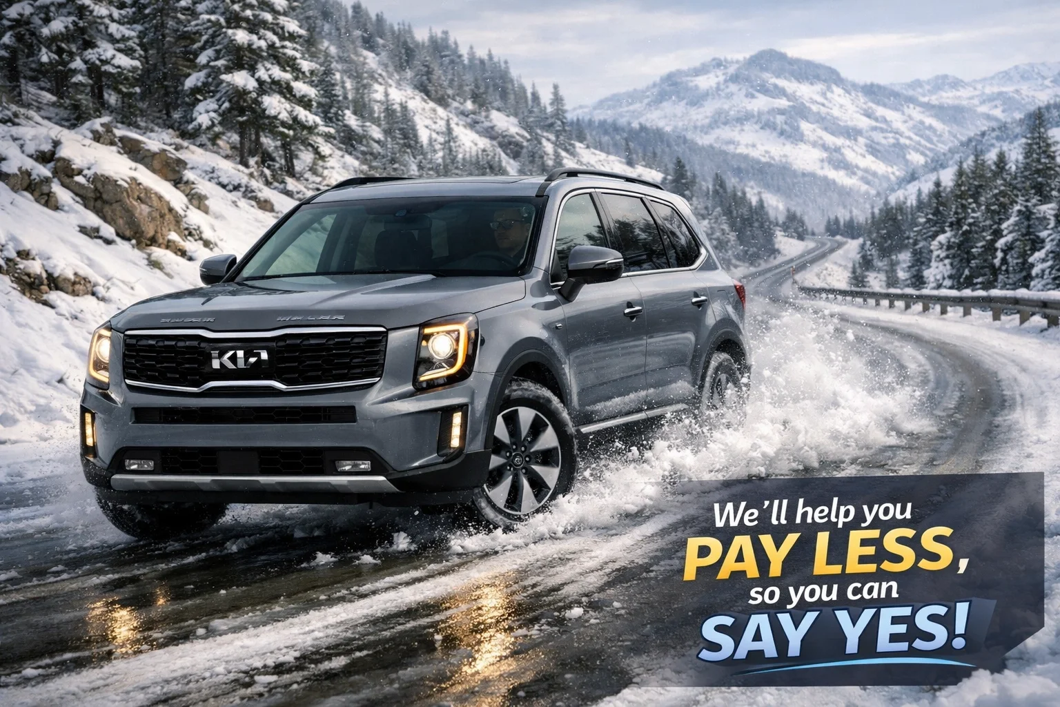 AWD Kia Telluride driving through fresh snow on a winding Northern California mountain road.