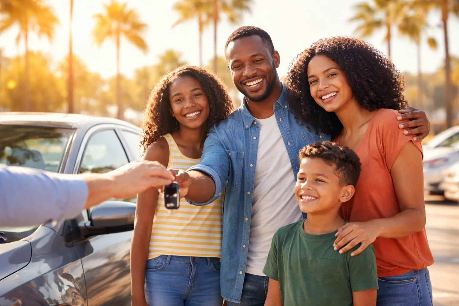 Diverse family celebrates approval for a used car loan with bad credit in a Sacramento dealership lot