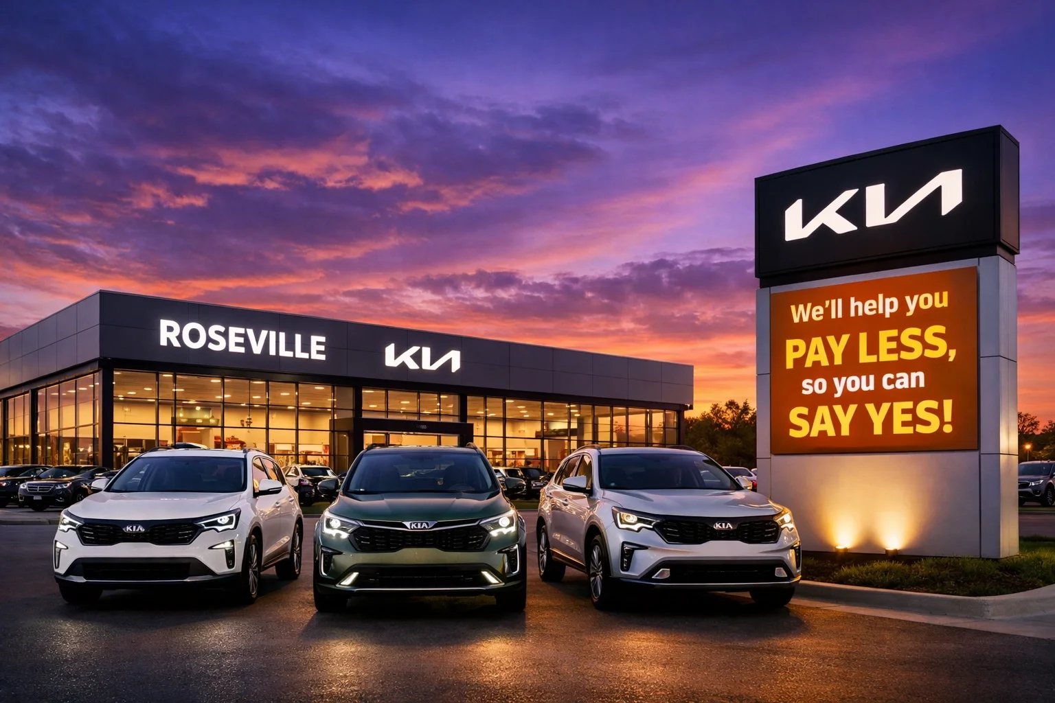 The Roseville Kia dealership building with fuel-efficient hybrid vehicles at sunset.