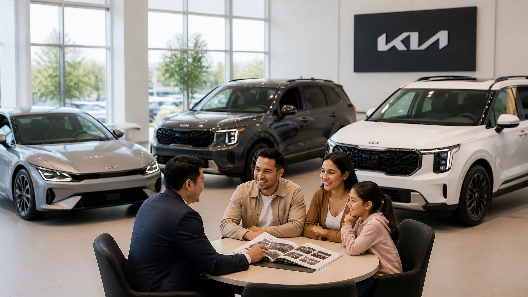 First-time buyers and parents reviewing Kia vehicles with a consultant in a bright showroom