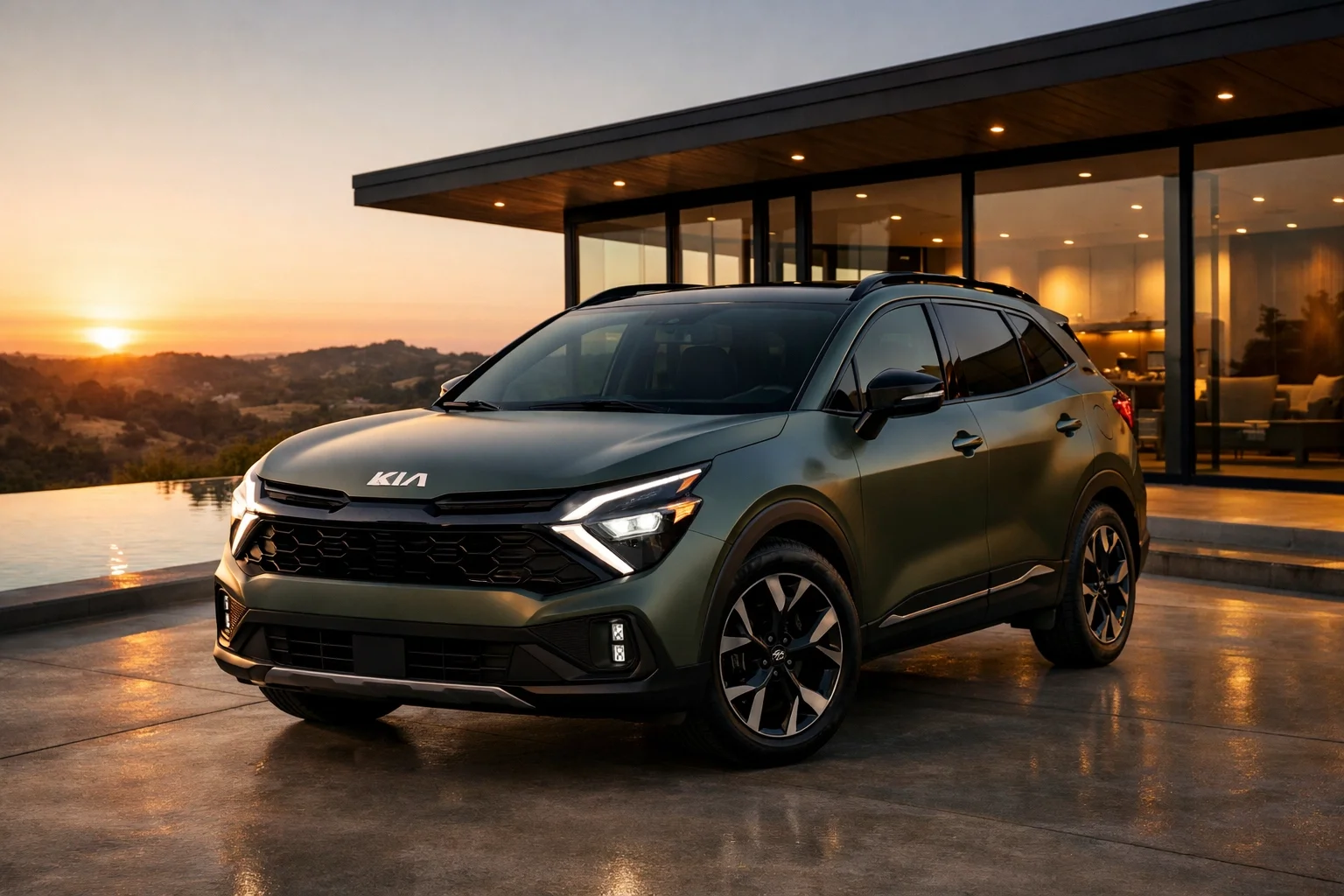 Luxury green Kia Sportage SUV at a modern Roseville home, available at your local kia dealer sacramento.