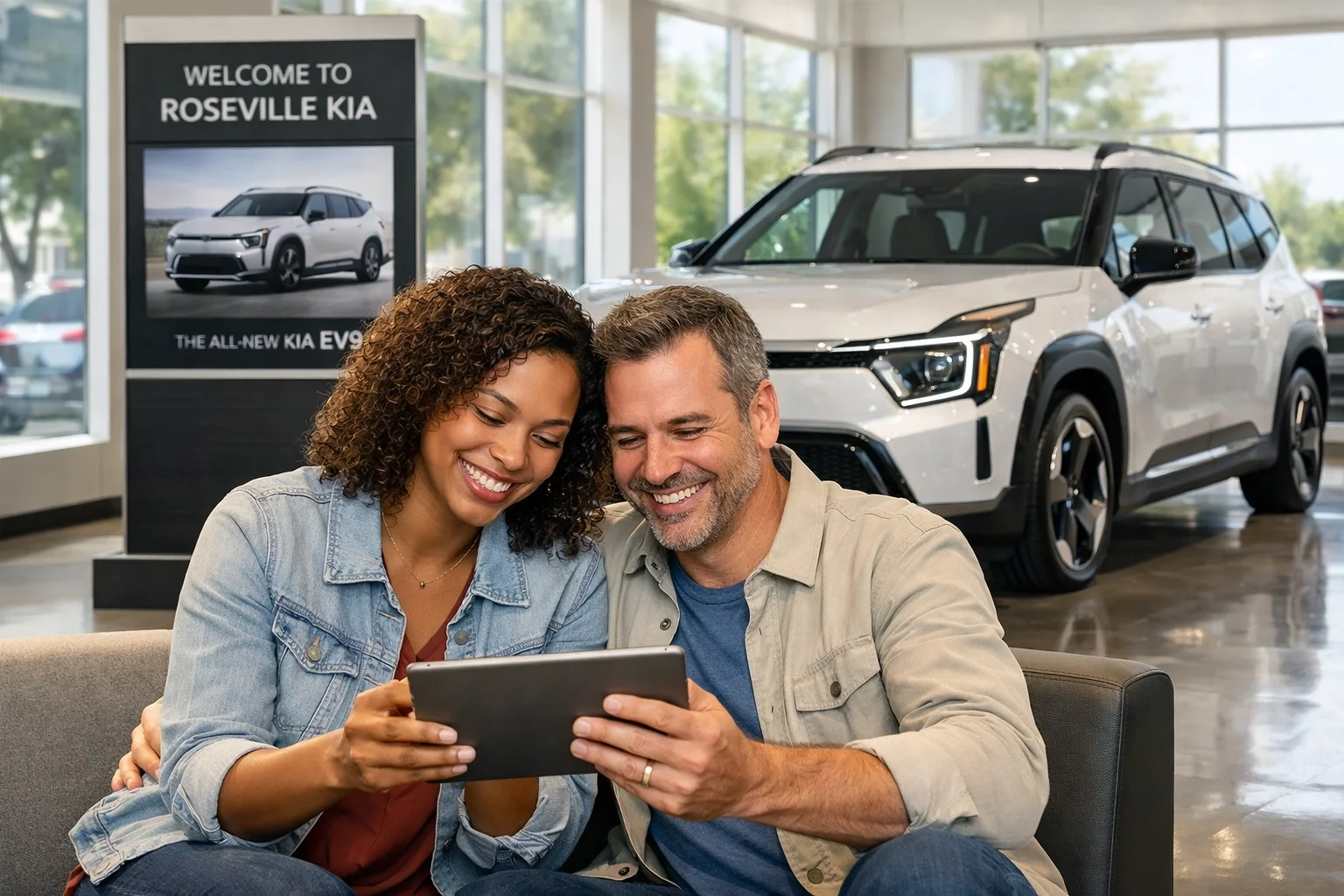 Happy couple comparing auto insurance rates on a tablet at Roseville Kia showroom.