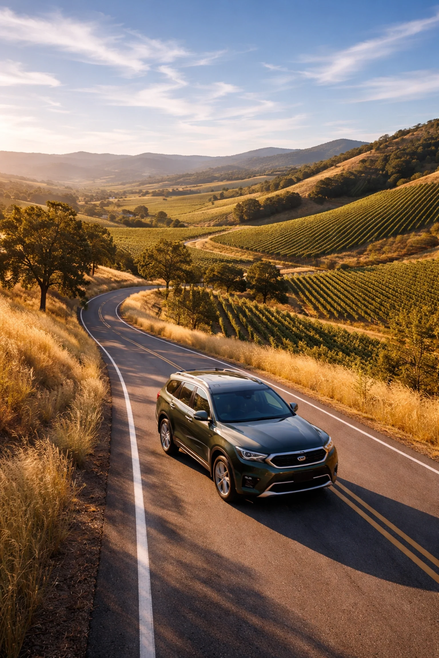 Aerial view of forest green Kia Telluride driving scenic Napa Valley road, perfect for adventurous Sacramento families