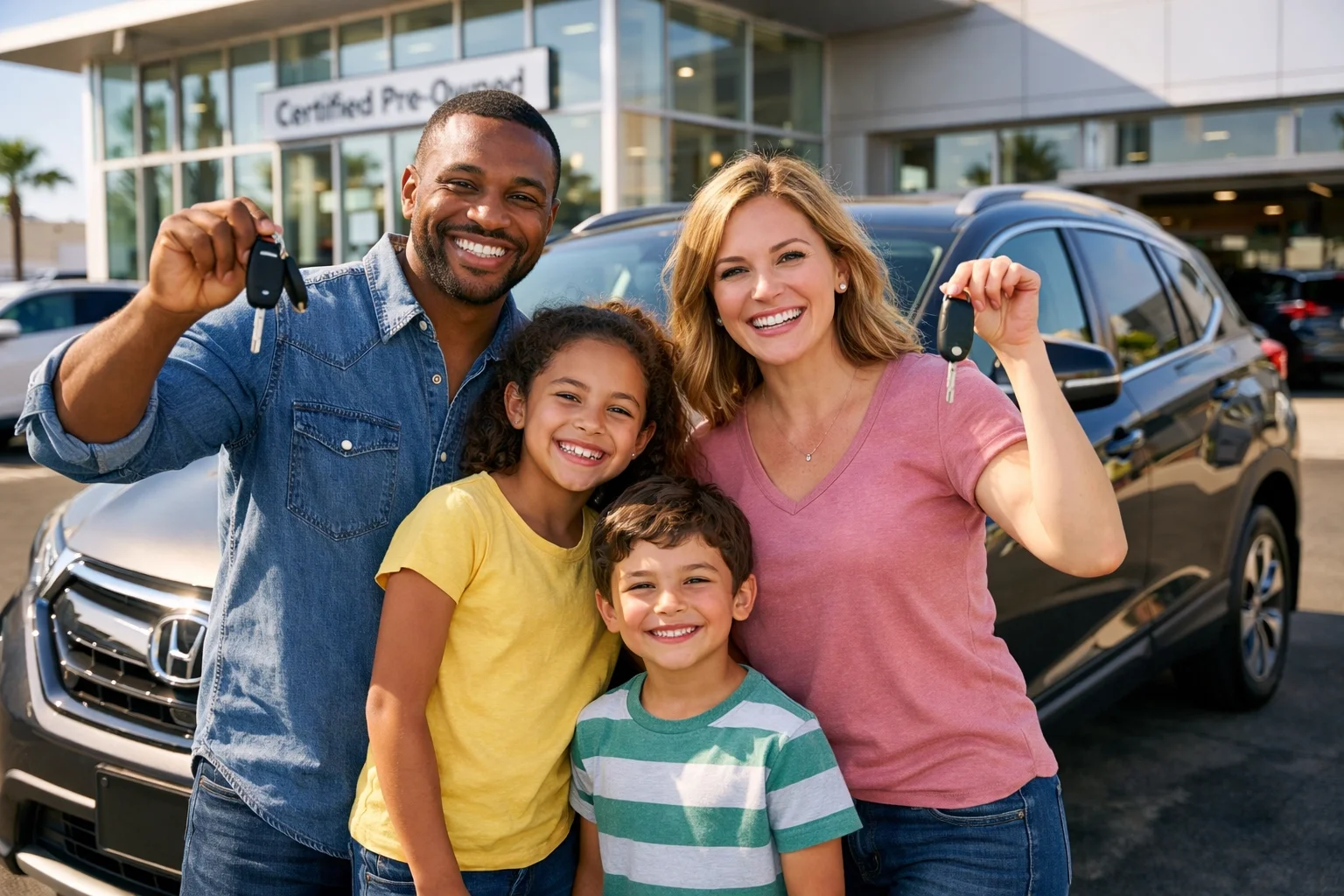 Happy family with their certified pre-owned vehicle at Sacramento dealership
