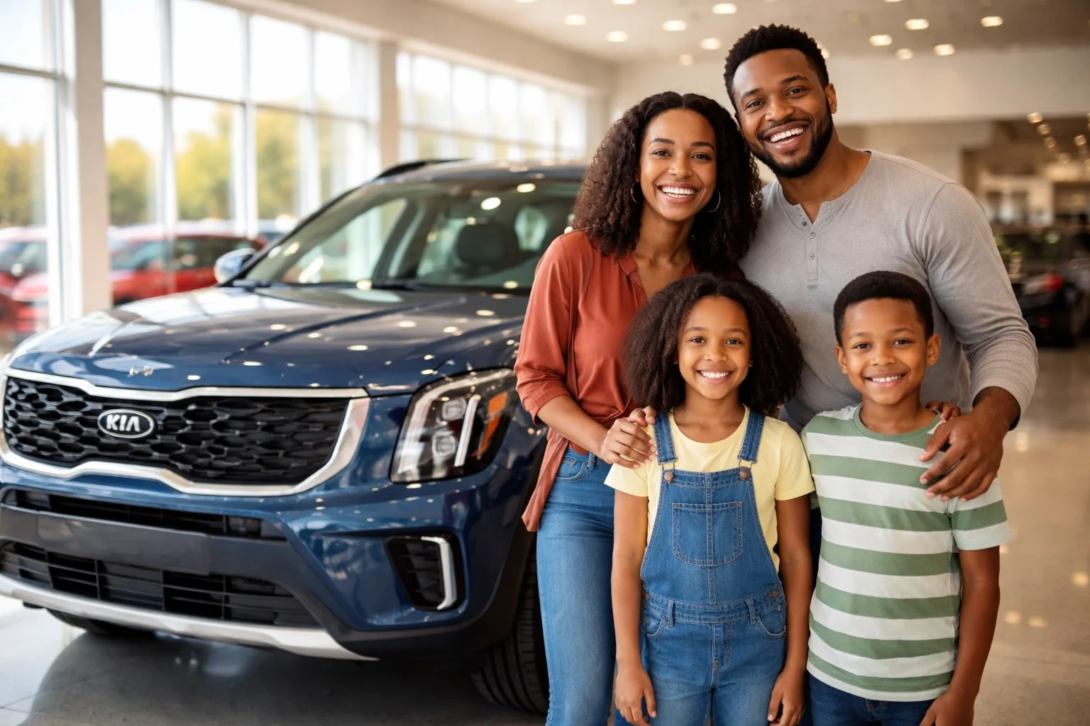 Diverse family excited about their new blue Kia Telluride inside a Sacramento Kia dealership showroom.