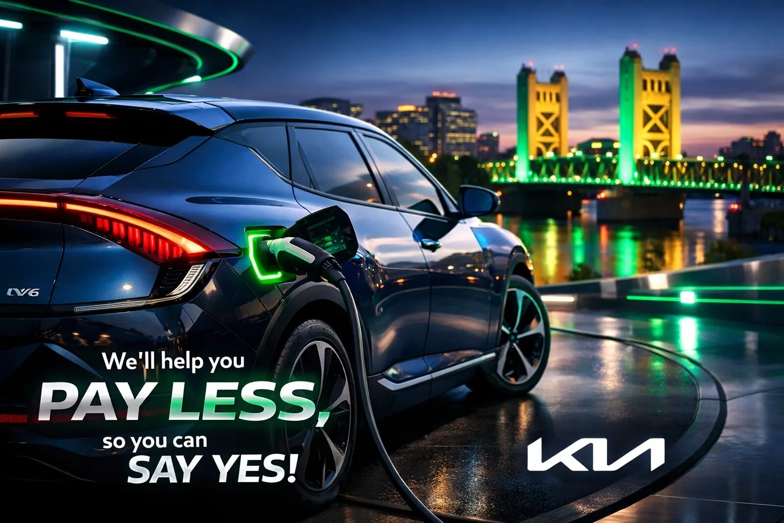 Modern Kia EV6 at a charging station with the Sacramento Tower Bridge in the background