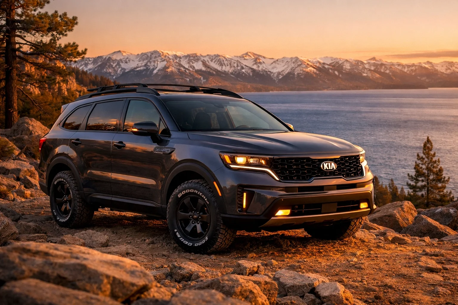 Kia Sorento X-Pro with all-terrain tires overlooking Lake Tahoe at sunset