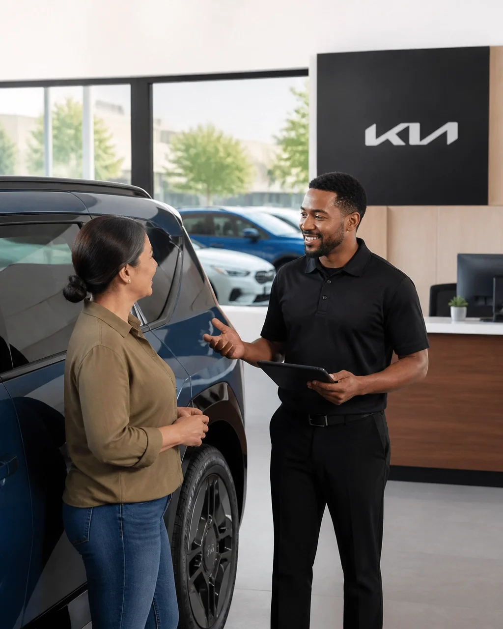 A diverse customer speaking with a Kia service advisor in a clean service reception area