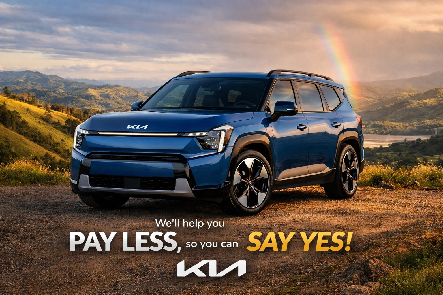 Blue Kia EV9 parked in the Sierra Nevada foothills, a highlight at our Kia dealer Sacramento