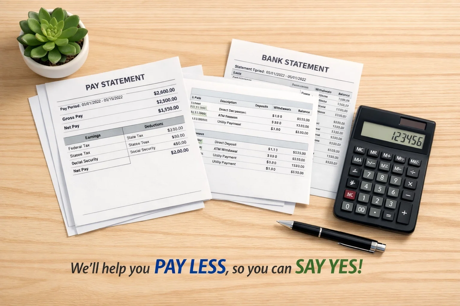 Organized income documents and pay stubs needed for no money down auto loan application