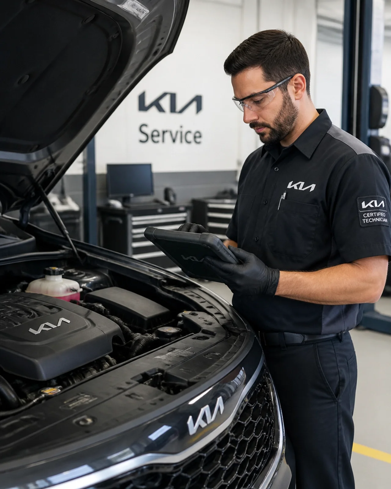 Certified Kia technician inspecting a vehicle engine