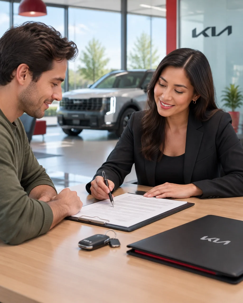 Buyer and dealership representative reviewing a vehicle purchase agreement beside car keys