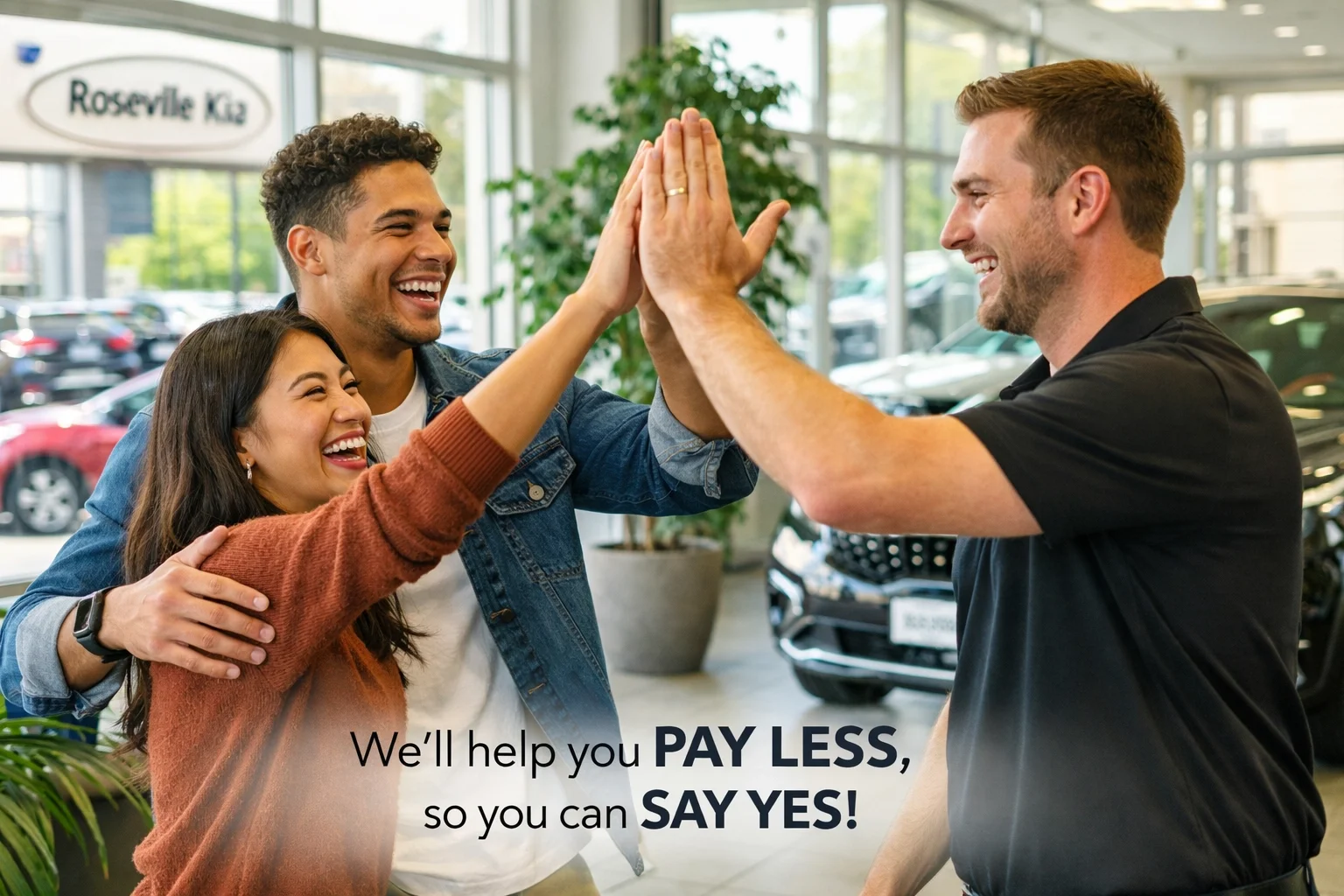Happy customers at Roseville Kia, the leading Kia dealer in Sacramento for the Pay Less, Say Yes deal.