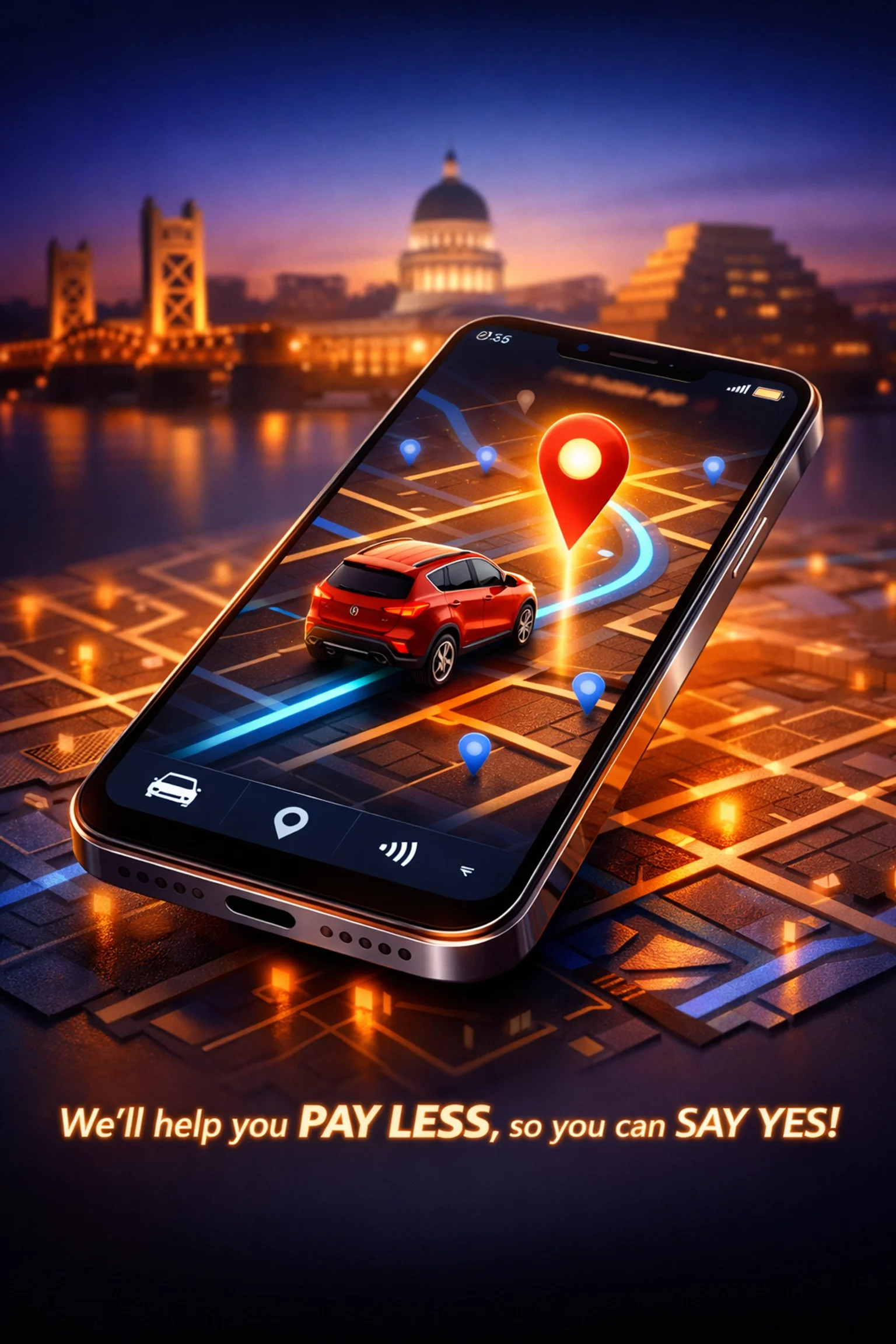 LoJack smartphone app showing real-time GPS tracking of Kia vehicle in Sacramento