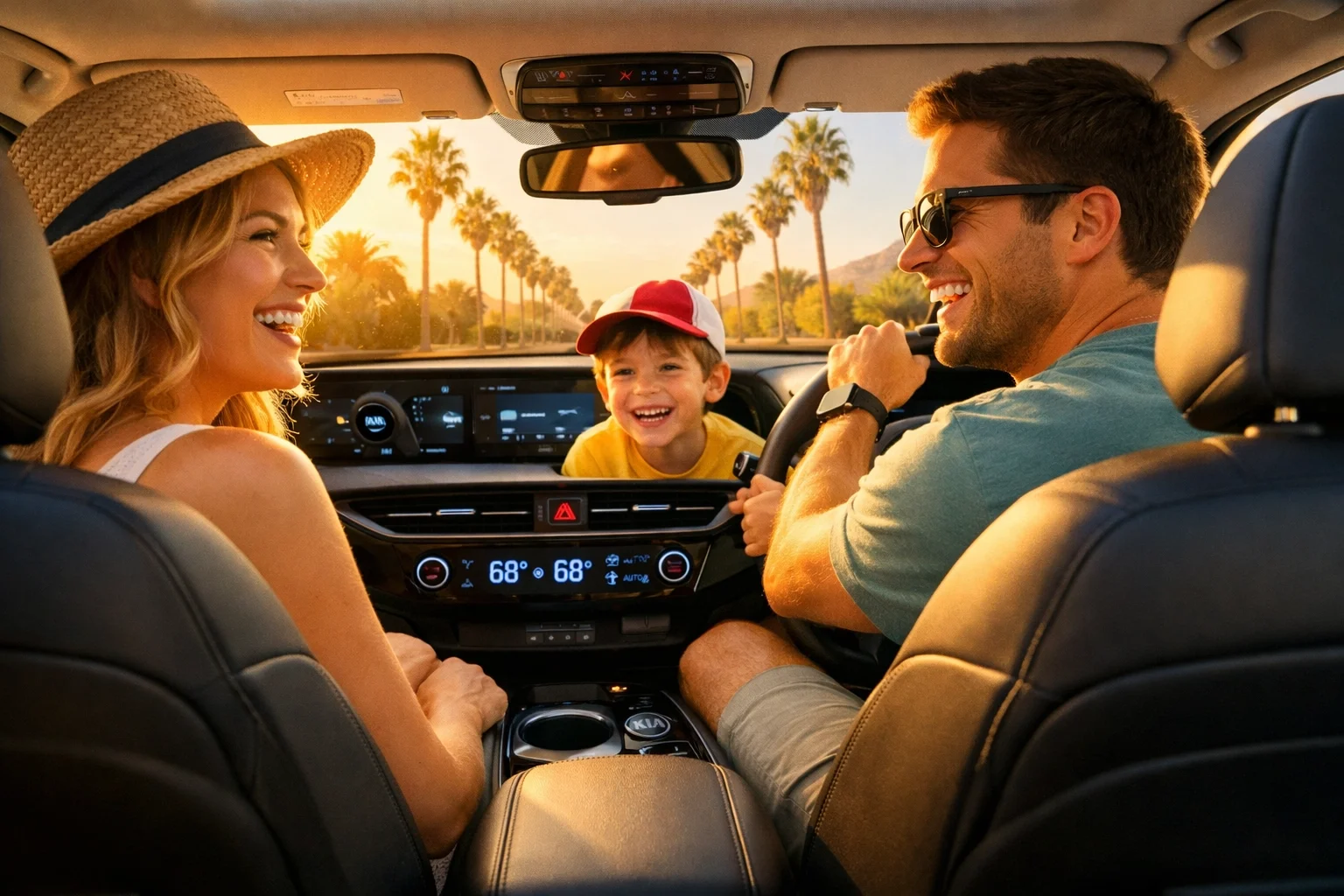 A happy family enjoying a cool, air-conditioned ride in a Kia EV6 during a hot Sacramento summer road trip.
