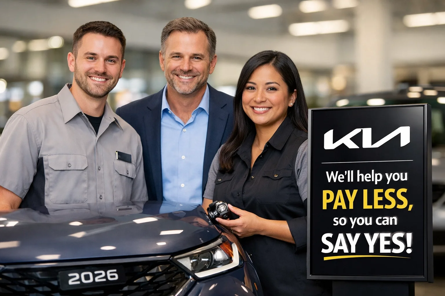 Friendly Roseville Kia experts in the showroom helping customers with a new 2026 Kia model.