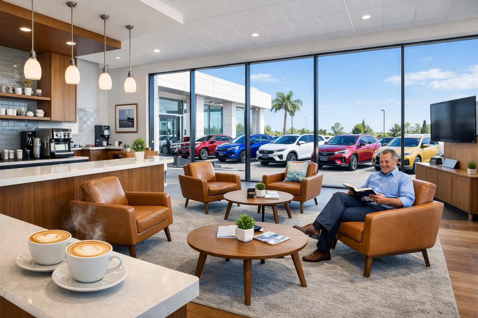 Customers relaxing in the comfortable Roseville Kia service lounge while waiting for summer vehicle maintenance.