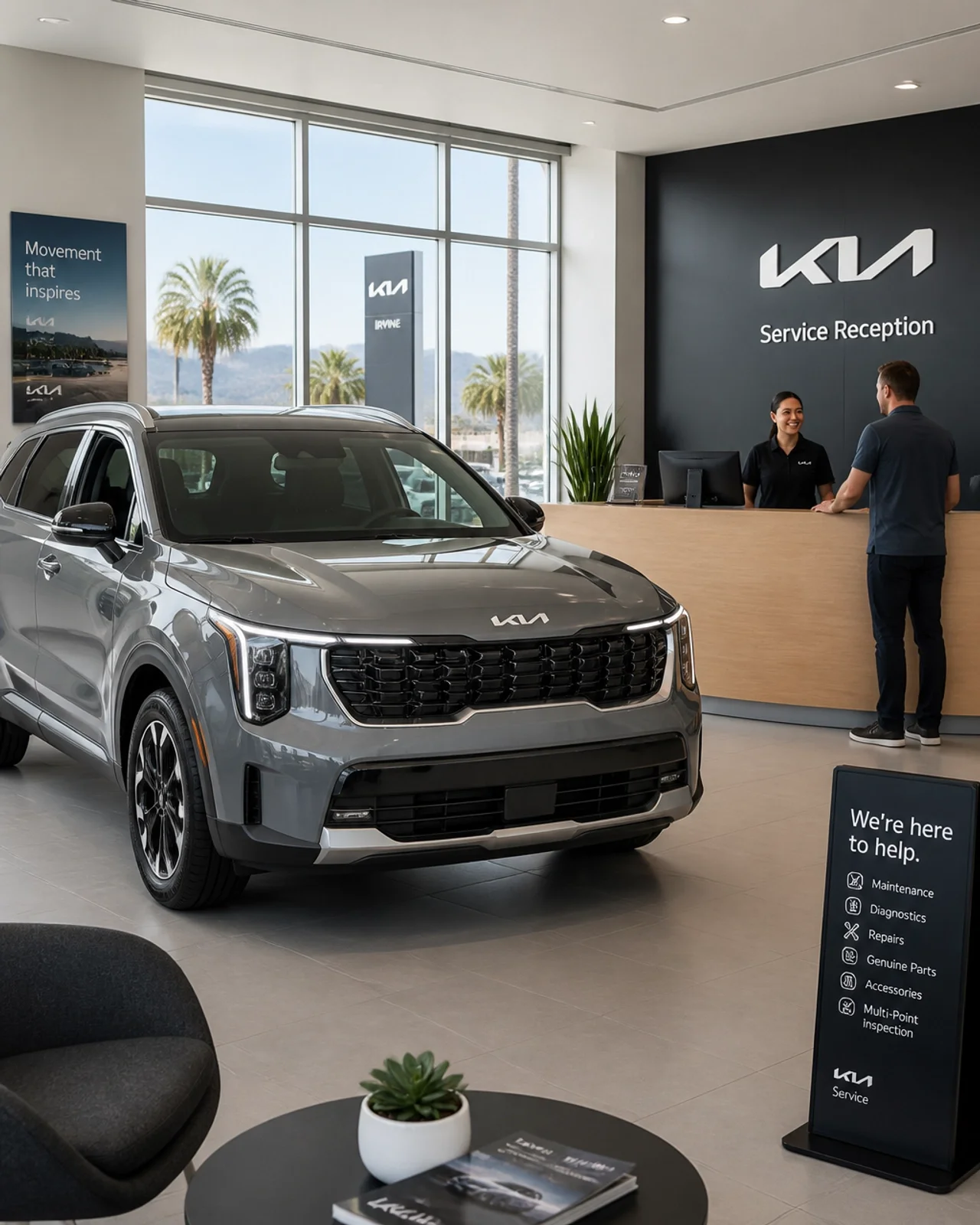 Sleek Kia vehicle parked in a modern dealership service area