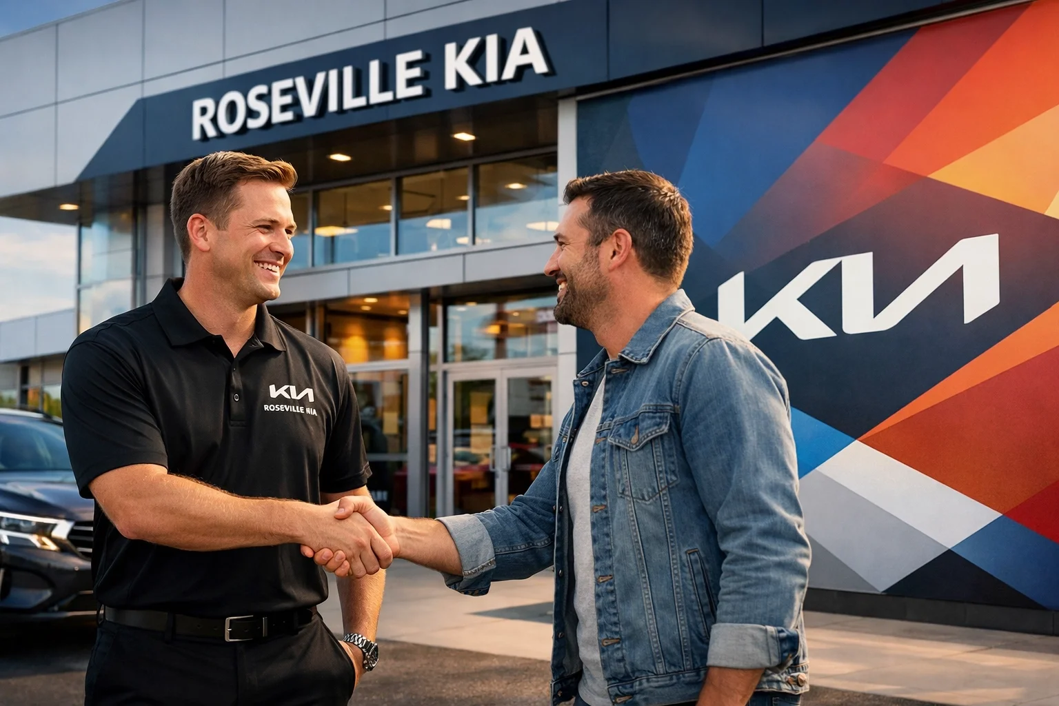 Roseville Kia staff member shaking hands with a happy customer outside the modern dealership.