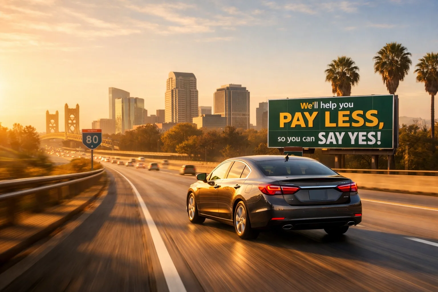 Kia K4 driving on Interstate 80 Sacramento during morning commute with city skyline