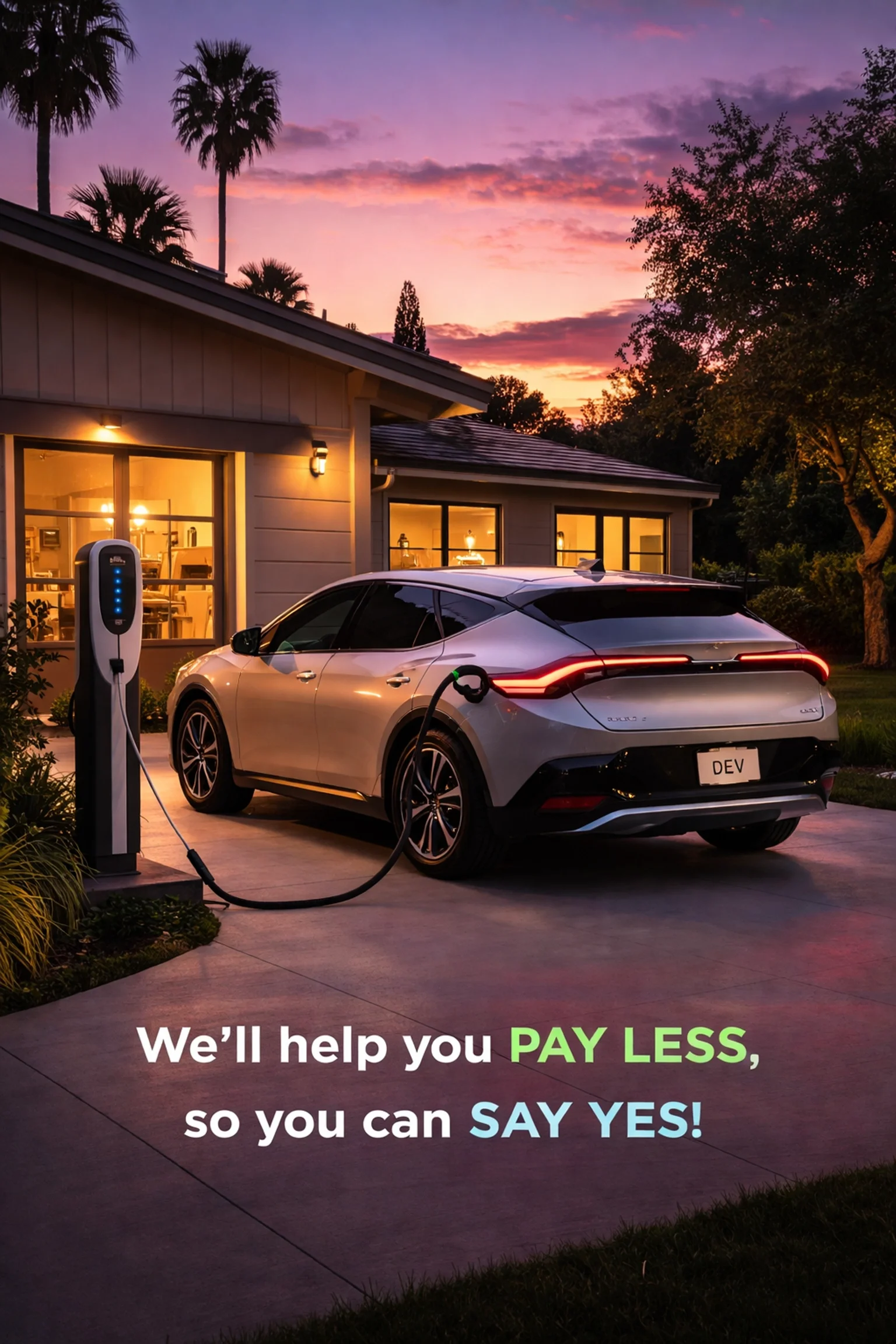 Kia EV6 electric vehicle charging at a Sacramento home with California sunset backdrop