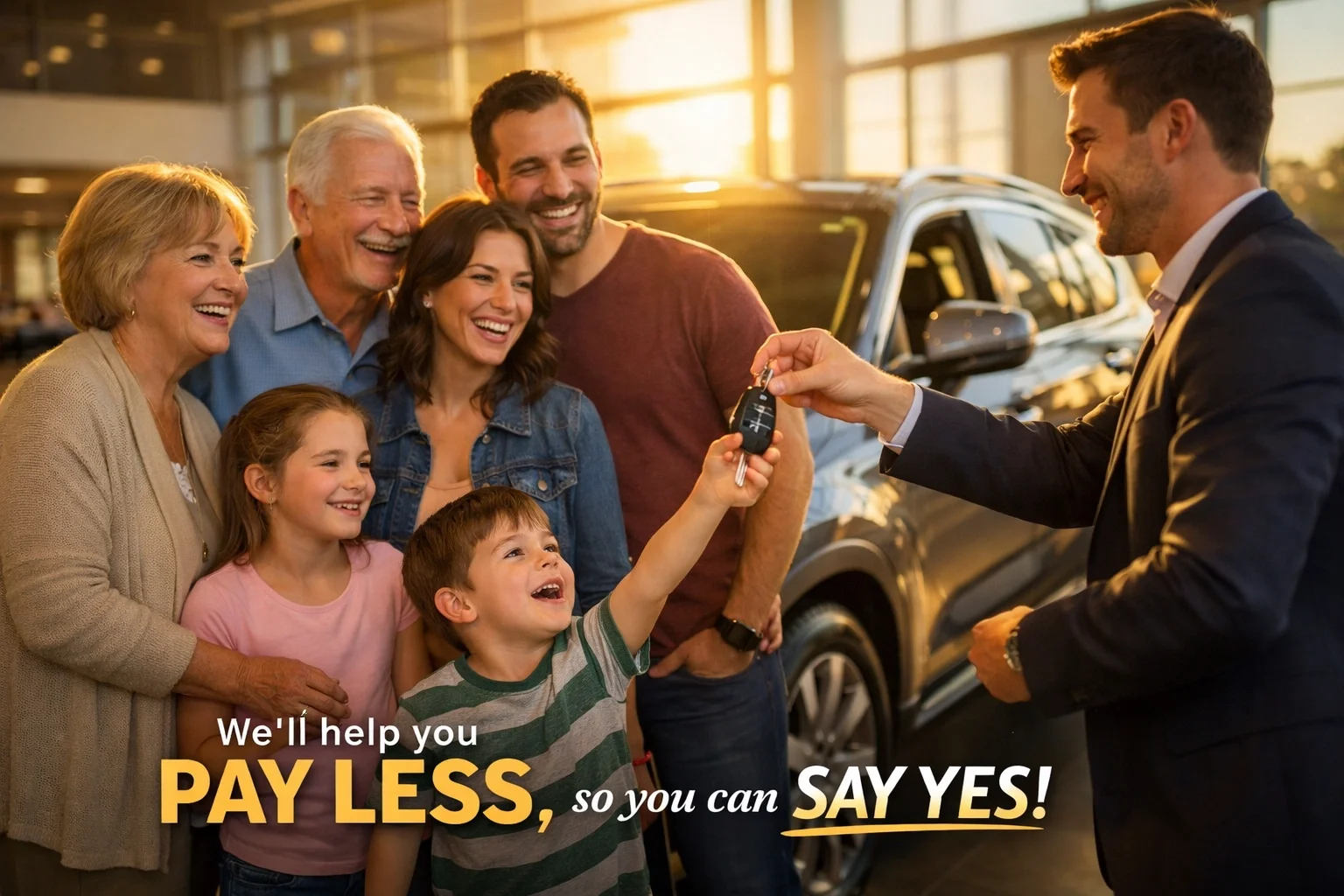 Happy family receiving car keys from Roseville Kia sales consultant