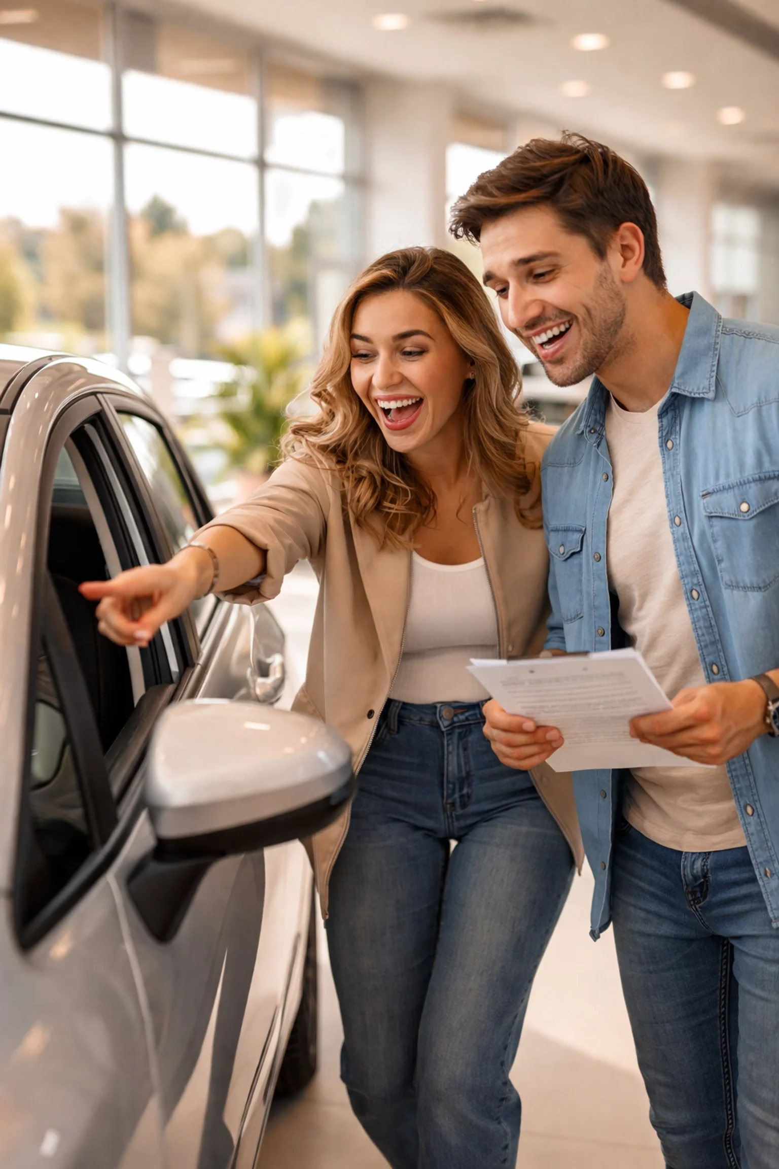 Happy couple shopping for an affordable pre-owned car under $15,000 at a Sacramento Kia dealership