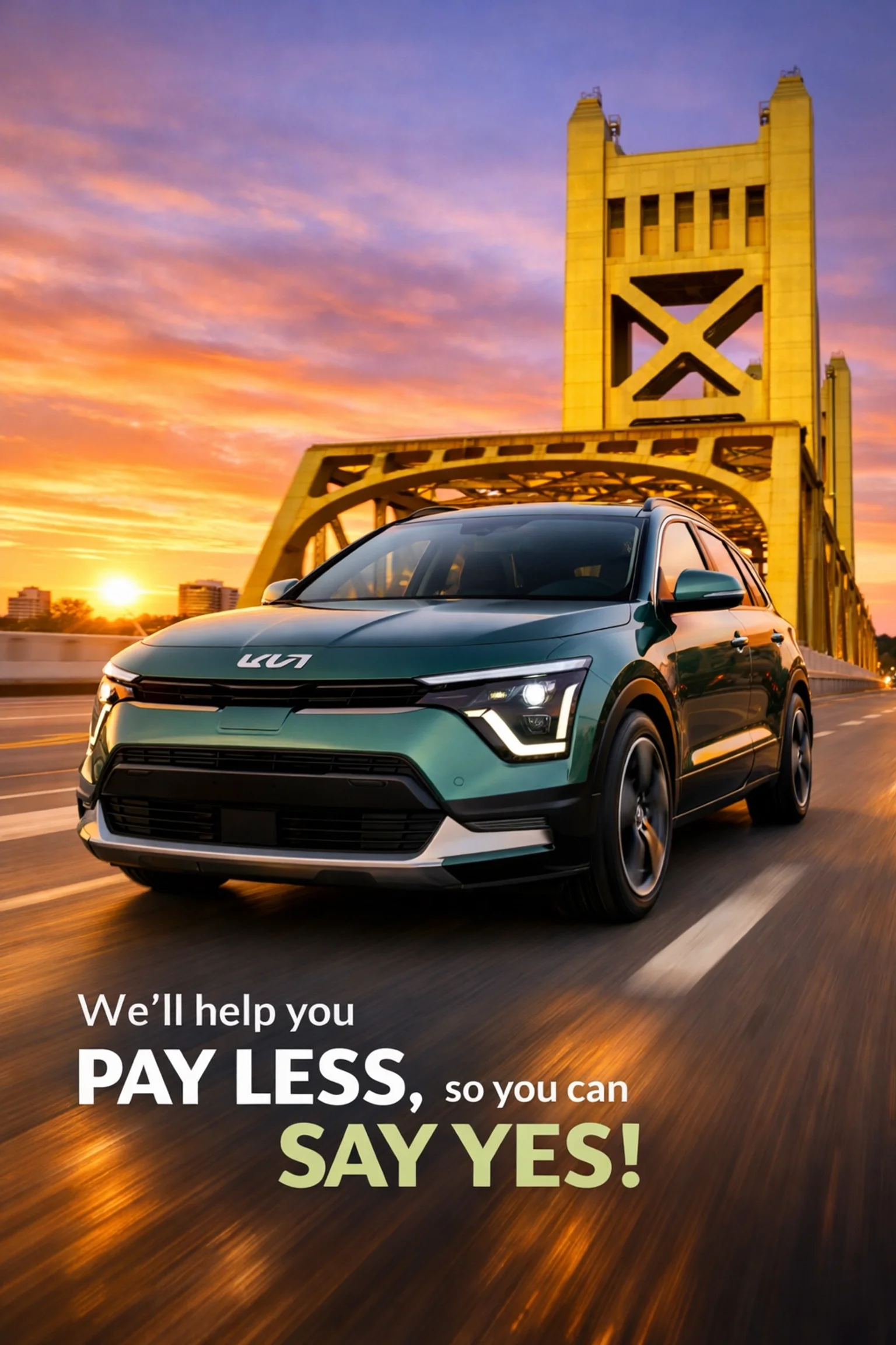 Green 2025 Kia Niro Hybrid driving across Sacramento's Tower Bridge at sunrise for an efficient commute.